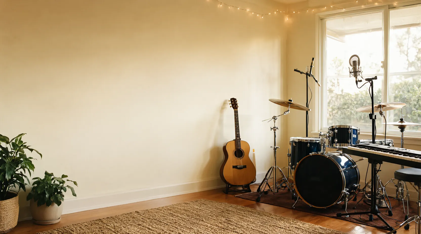 A sunny home music studio with an acoustic guitar, drums, a microphone and a keyboard under string lights